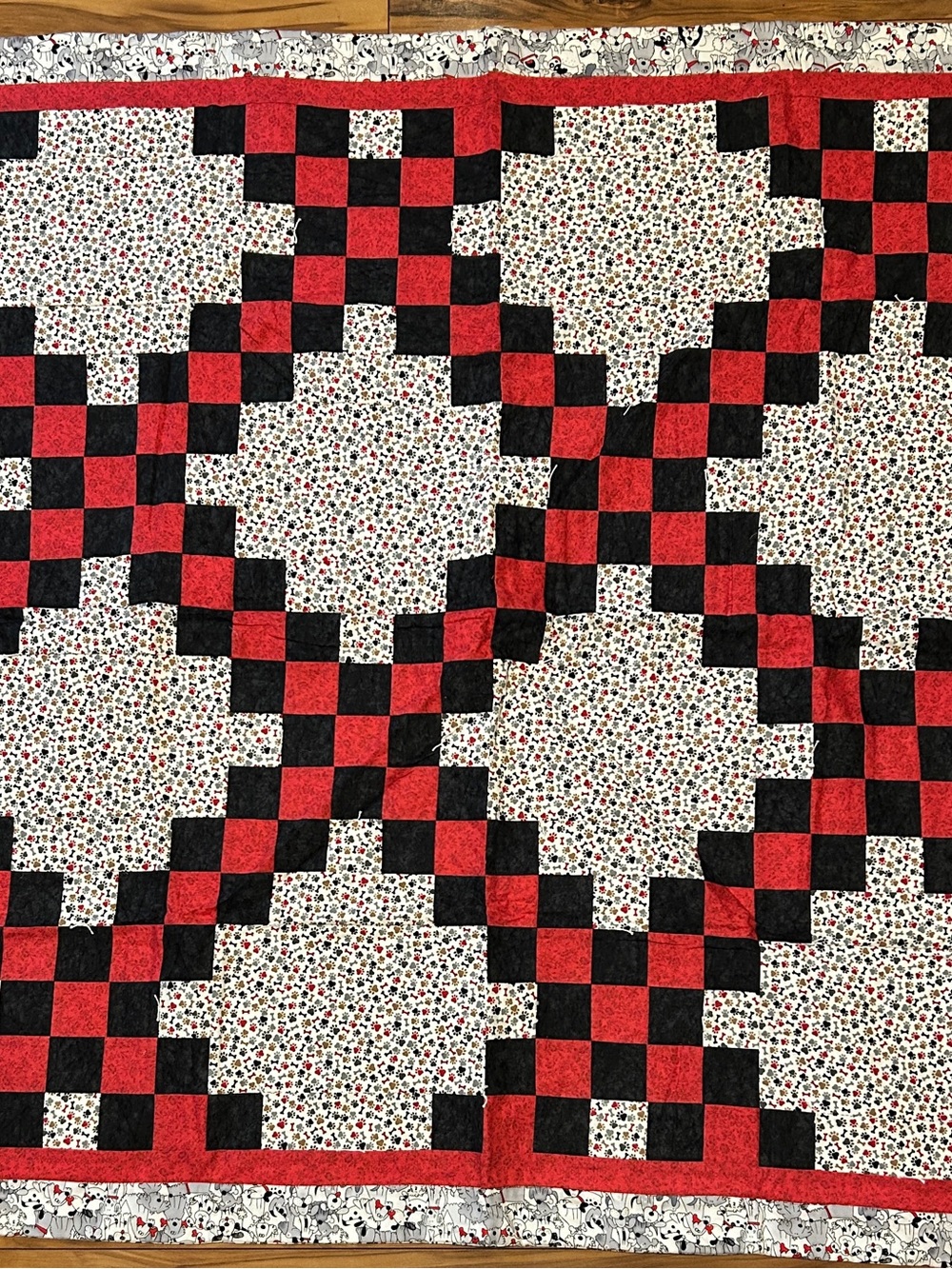 Handmade Red & Black Checkered Pieced Quilt - Floral Background